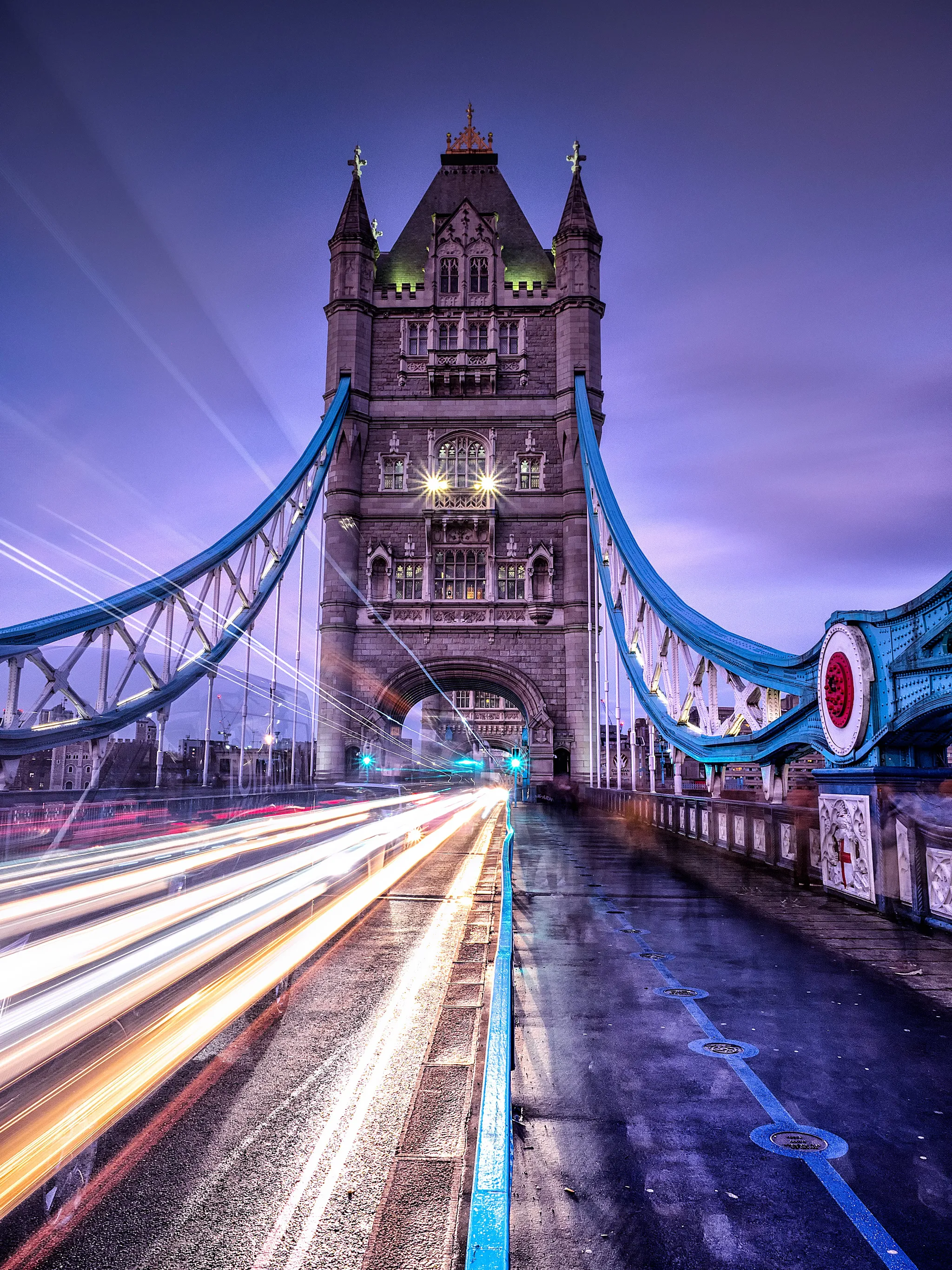 Light trails on Tower Bridge, London